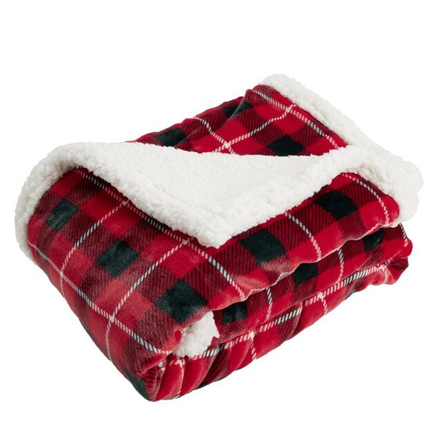 Plaid sherpa blanc motif tartan rouge 120x150cm