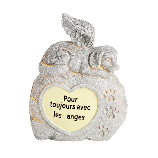 Plaque funéraire LED avec chien polyrésine gris 13x5xH18cm