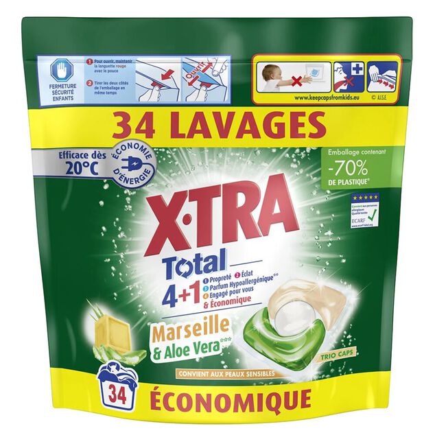 Lessive capsules X-Tra Total savon de Marseille et aloe vera 34 lavages