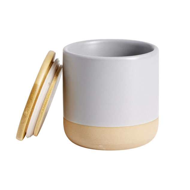 Pot &agrave; coton c&eacute;ramique bleu et couvercle bois &Oslash;9xH10cm