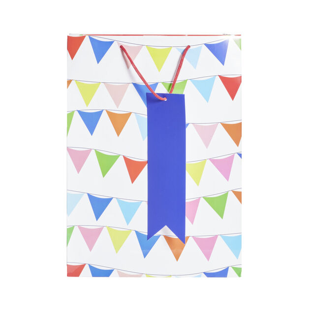 Sac cadeau blanc motifs fanions multicolores - Taille XL