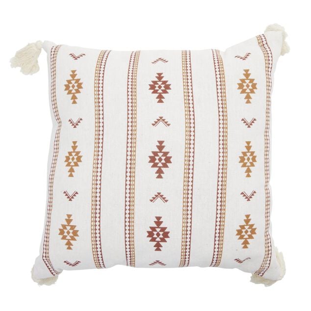 Coussin carr&eacute; Indie blanc motif orange avec pompons 40x40cm