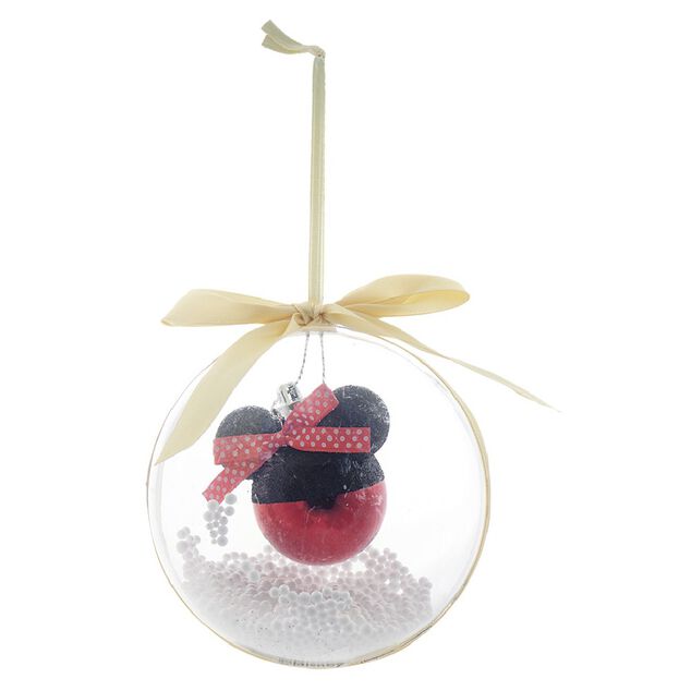 Boule de No&euml;l Disney transparente ruban et billes avec t&ecirc;te de Mickey