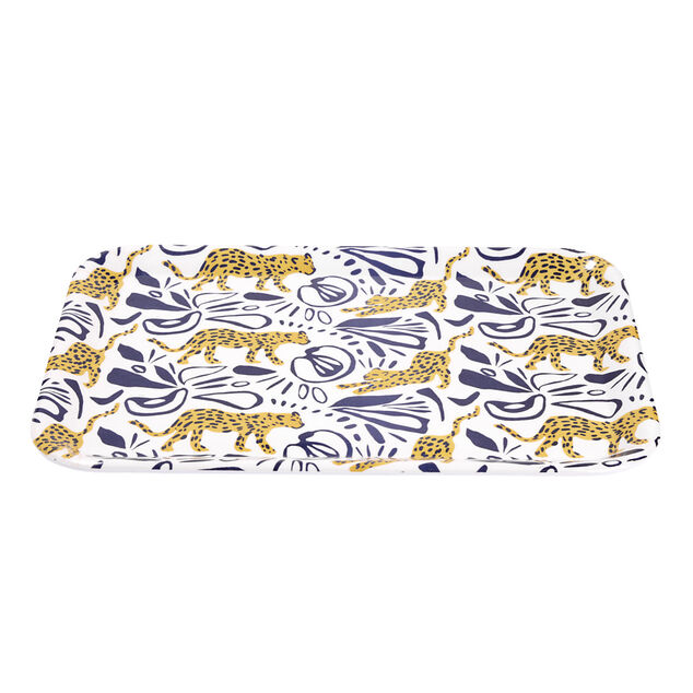 Plateau rectangulaire motif l&eacute;opard blanc et bleu 27x38cm