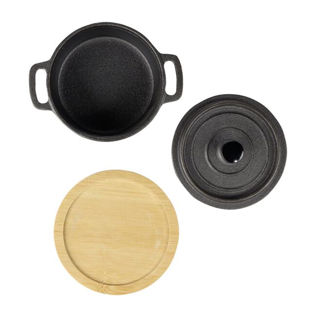 Mini cocotte en fonte avec support bambou L13X11X8 cm noir