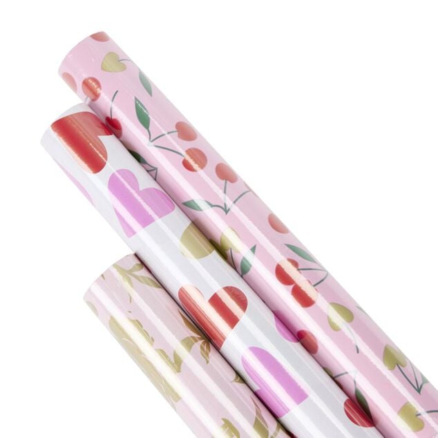 Papier cadeau x3 rouleau 70x200cm avec 10 stickers th&egrave;me coeur