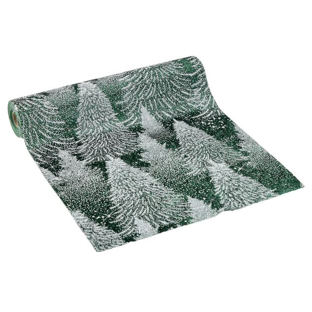 Chemin de table imitation velours imprim&eacute; sapins polyester L300X28X0,15 cm vert