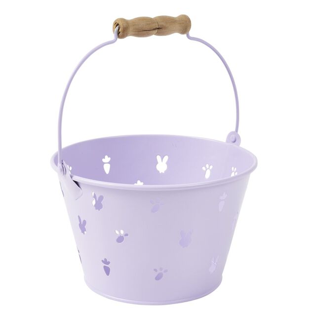 Seau perfor&eacute; d&eacute;cor lapin m&eacute;tal pastel et poign&eacute;e bois &Oslash;16xH10cm (3 mod&egrave;les)