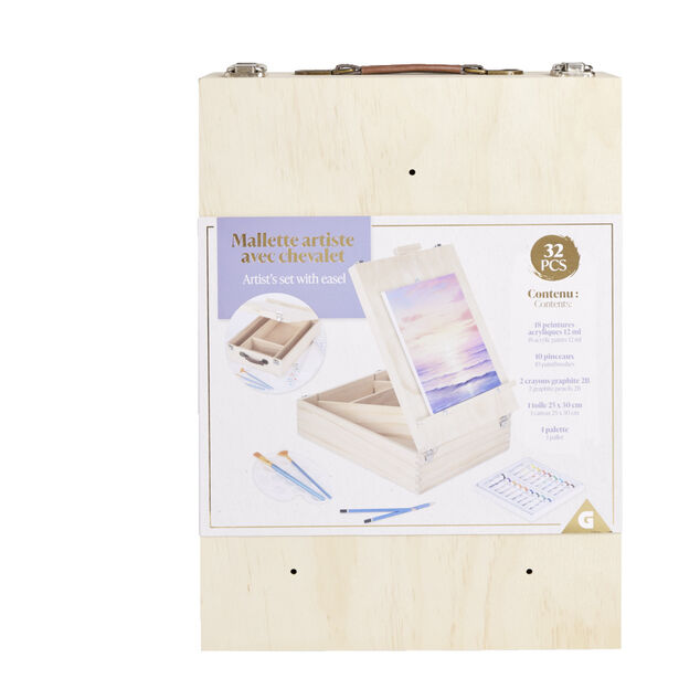 Mallette artiste chevalet en bois avec accessoires peinture