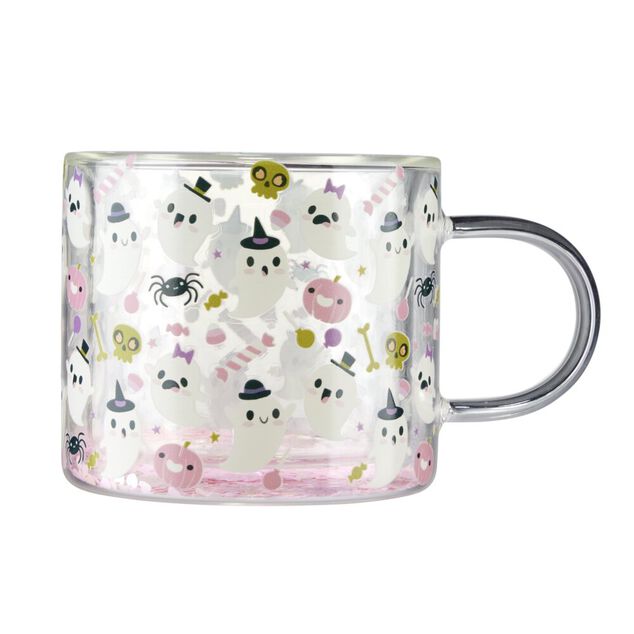 Mug Halloween double paroi 25cl motif fant&ocirc;me verre rose 12,5x8,5xH10cm