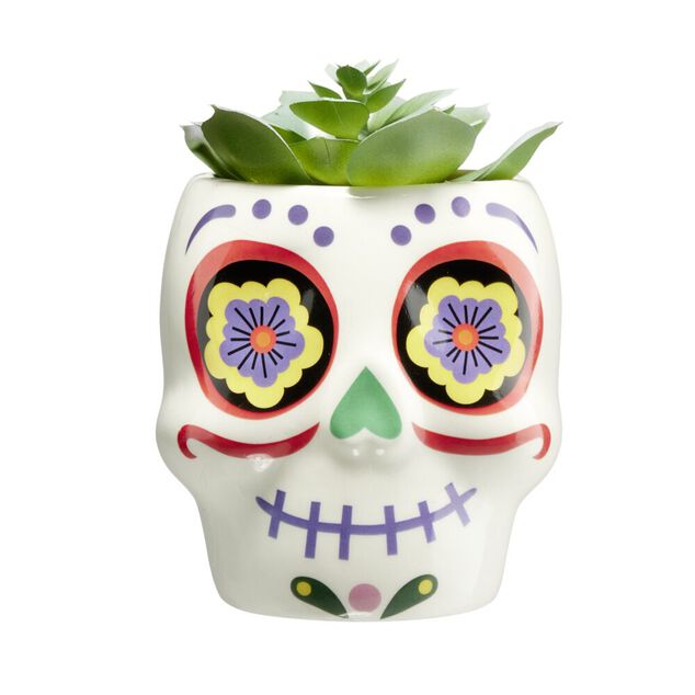 Plante verte artificielle Halloween Calavera pot c&eacute;ramique blanc &Oslash;8xH12cm (2 mod&egrave;les)