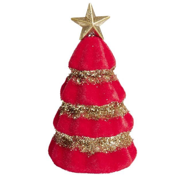 Sapin velours rouge et paillet&eacute; dor&eacute; &agrave; poser &Oslash;10,5xH19cm