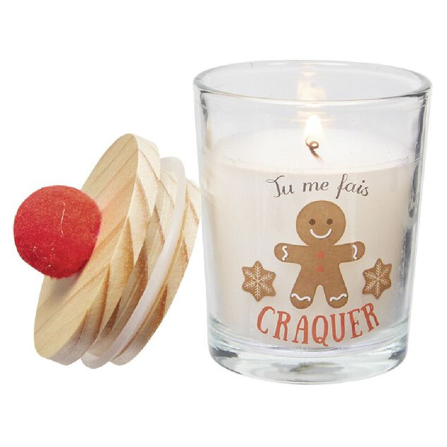 Bougie dans verre avec couvercle en bois &agrave; pompon