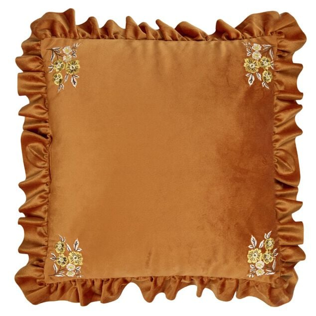 Coussin carr&eacute; &agrave; volant angles fleurs brod&eacute;es 40x40cm (2 mod&egrave;les marron ou vert)