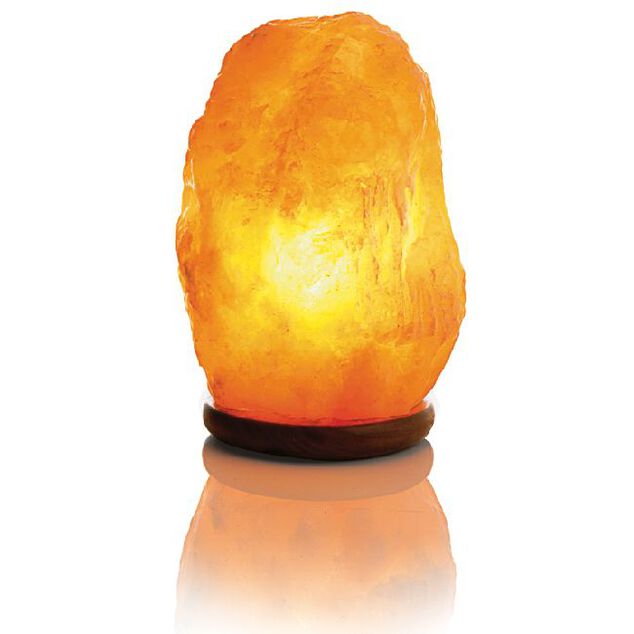 Lampe Pierre de Sel de l'Himalaya Mess&eacute;gu&eacute; avec socle bois &Oslash;13xH24cm