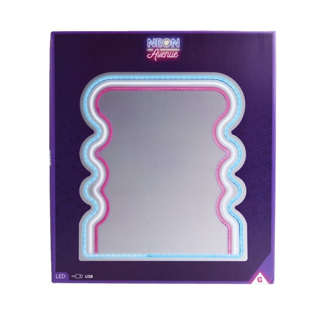 Miroir n&eacute;on forme vague bleu blanc rose 35x40cm