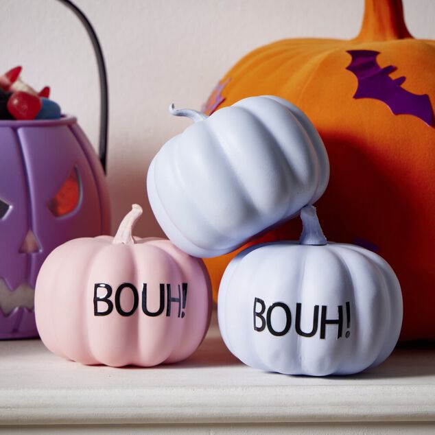 Citrouille d&eacute;corative &agrave; poser pastel inscription BOUH! &Oslash;9,4xH8cm (2 mod&egrave;les)