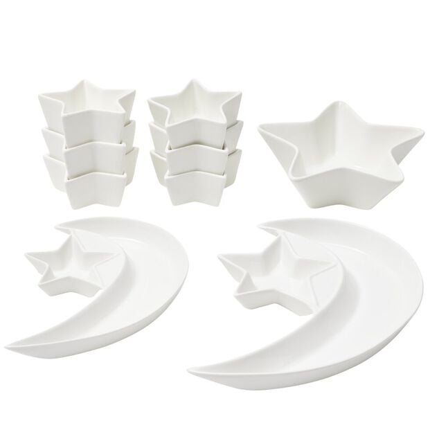 Service &agrave; vaisselle forme lune et &eacute;toile 9 pi&egrave;ces c&eacute;ramique blanche