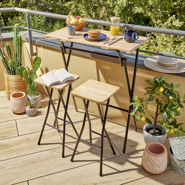 Table haute avec tabourets x2 Balcony pliables bois et métal 80x40xH98cm
