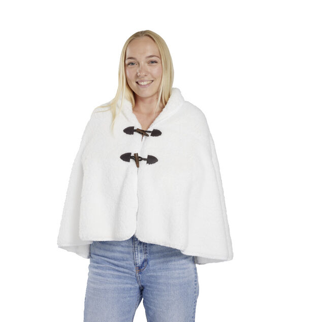 Veste plaid châle moutonné blanc 75x150cm avec boutons à brandebourg