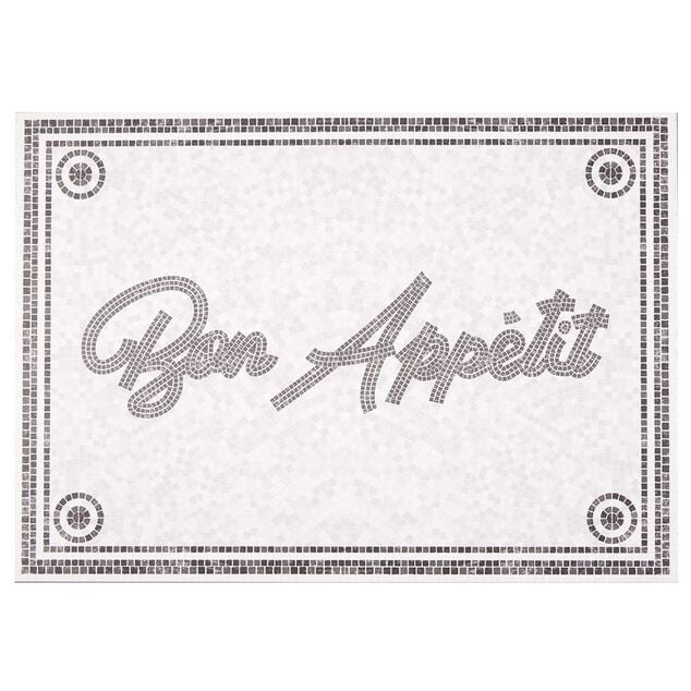 Tapis de cuisine vinyle imprim&eacute; Bon app&eacute;tit gris et blanc 70x49cm