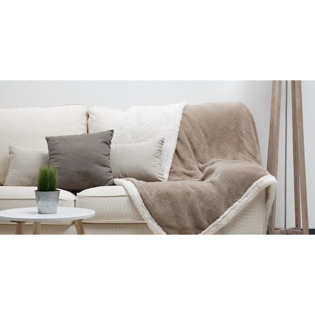 Plaid polaire r&eacute;versible imitation fourrure taupe et blanc