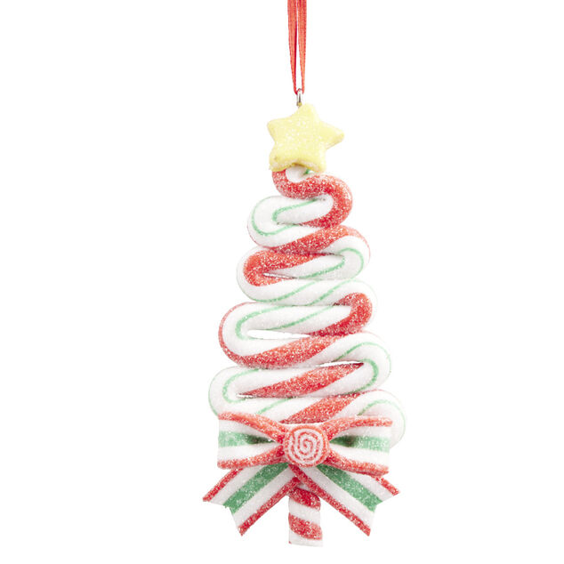 Suspension No&euml;l sapin  en  sucre d orge paillet&eacute; rouge vert blanc H.10,5 cm