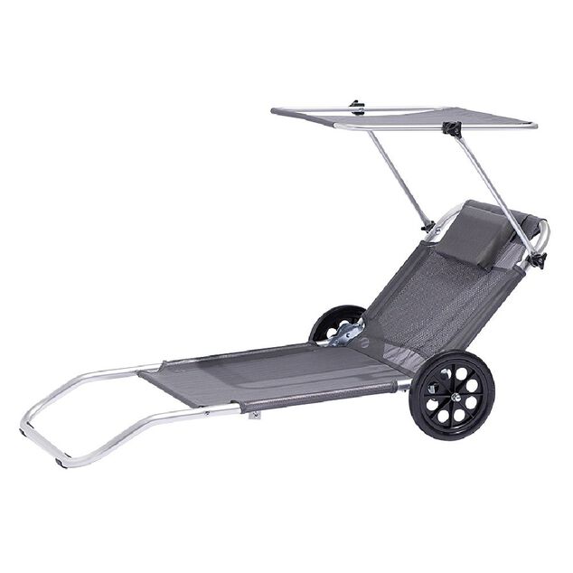 Chaise de plage grise avec pare-soleil 2 roulettes