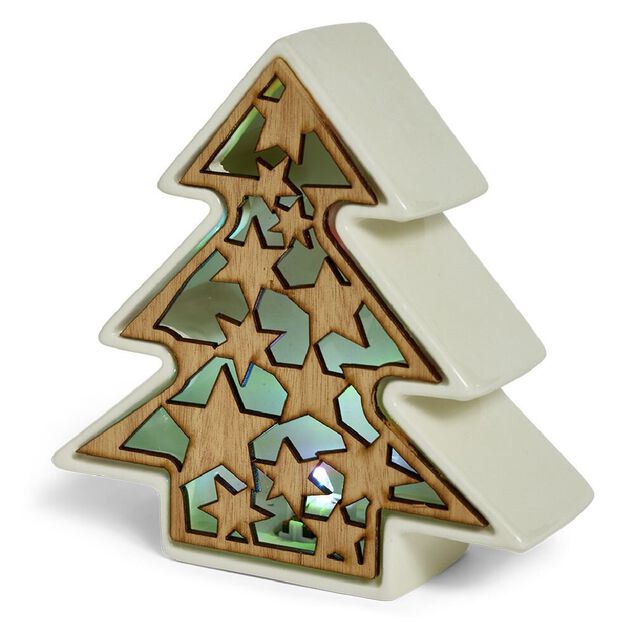 Lampe LED No&euml;l c&eacute;ramique et bois 17x5,5x17cm