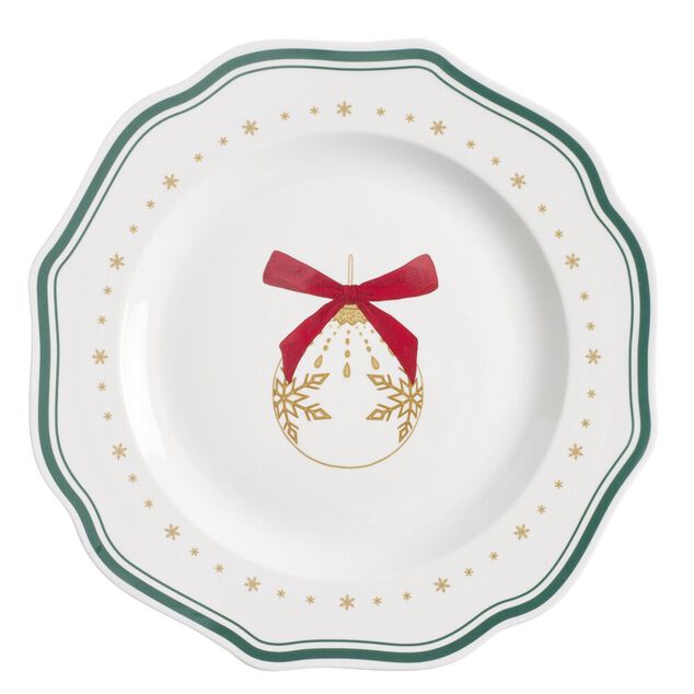 Assiette plate imprim&eacute; boule de No&euml;l contour vague bleu fa&iuml;ence &Oslash;27 cm