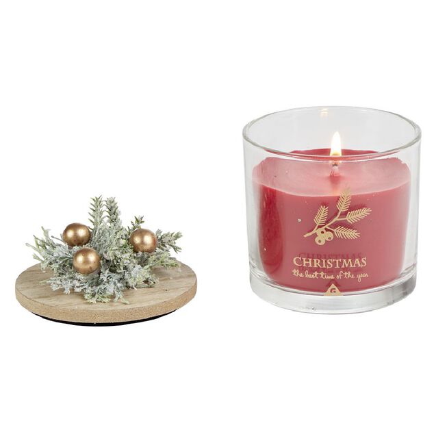 Bougie de No&euml;l rouge pot en verre couvercle bois senteur grenade 25H - &Oslash;8xH7,5cm