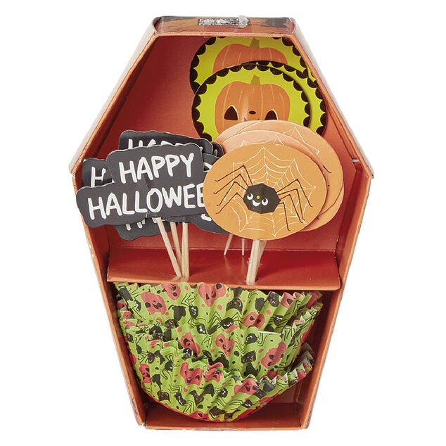 Set de caissettes &agrave; muffin + piques d&eacute;cor Halloween - 24 pi&egrave;ces