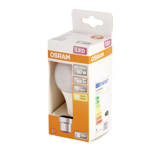 Ampoule LED B22 A60 blanc chaud Osram 8,5W=60W 806lms classe F