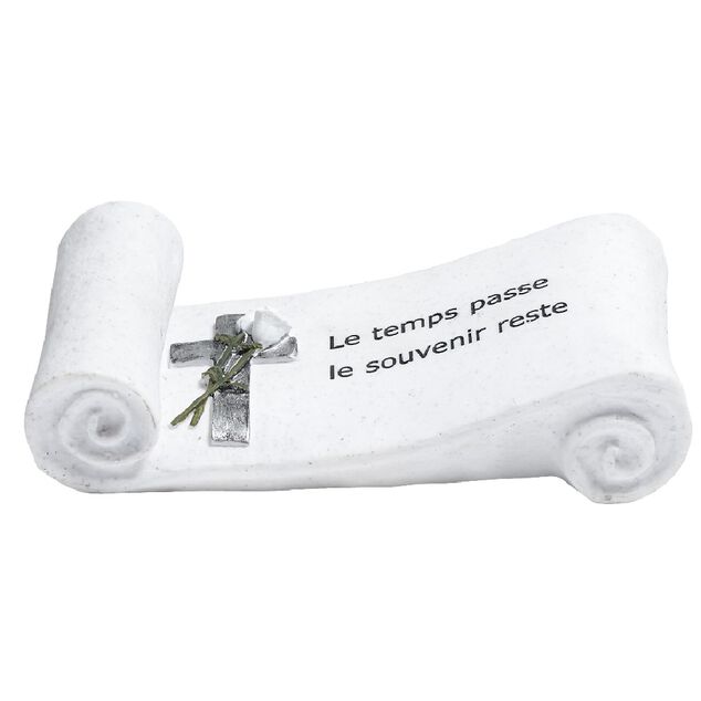 Plaque fun&eacute;raire style parchemin r&eacute;sine blanc