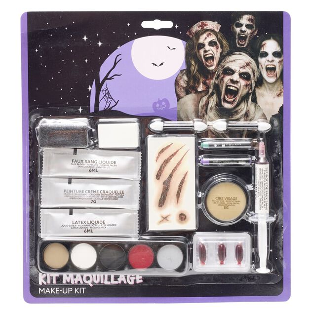 Palette maquillage Halloween kit avec faux sang 5 couleurs et accessoires