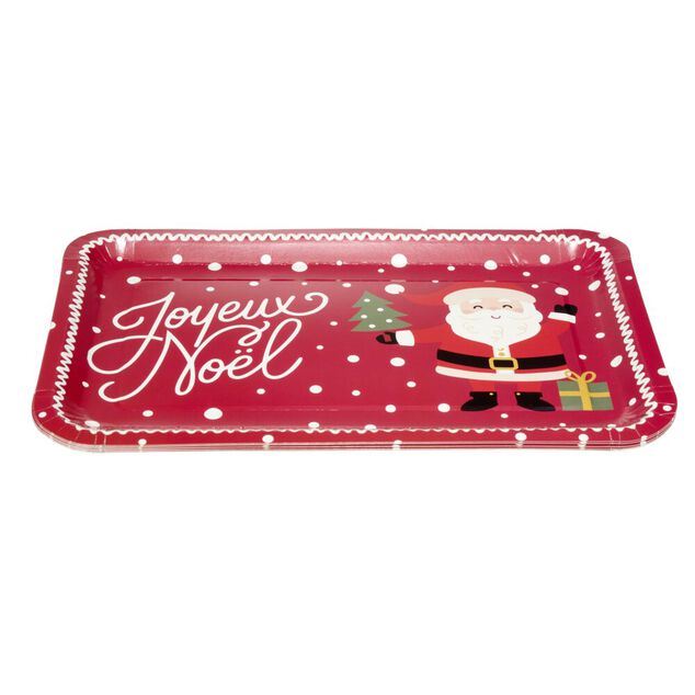 Plateau rectangulaire inscription Joyeux No&euml;l et P&egrave;re No&euml;l L30X19XH1,5 cm papier rouge
