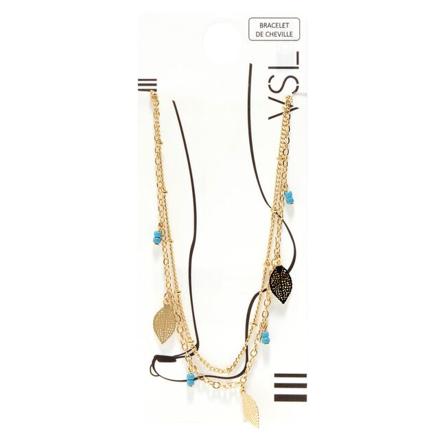 Cha&icirc;ne de cheville dor&eacute;e 2 rangs avec feuilles et perles
