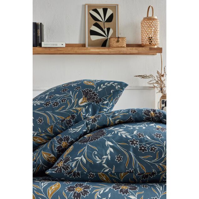 Parure de lit 2 personnes 220x240cm bleu canard motif floral