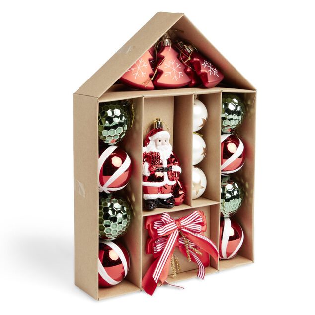 Kit d&eacute;coration sapin de No&euml;l traditionnel rouge et vert 20 pi&egrave;ces