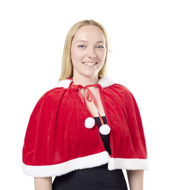 Cape de No&euml;l &agrave; capuche velours finition fourrure rouge et blanc taille unique