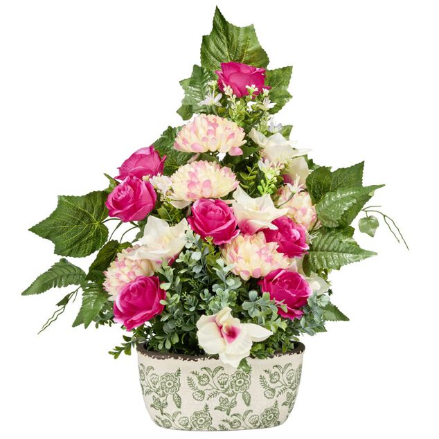Jardini&egrave;re c&eacute;ramique chrysanth&egrave;mes roses orchid&eacute;es lierre 58x10xH62cm (3 mod&egrave;les)