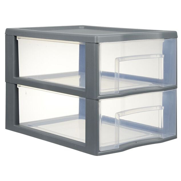 Tour de rangement A4 2 tiroirs grise et transparente 14 L