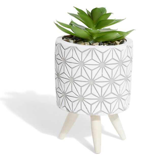 Plante artificielle pot ciment tr&eacute;pied bois &Oslash;7,5xH13cm (2 mod&egrave;les)