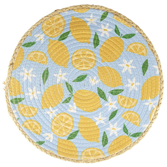 Set de table rond coton et paille citron jaune et bleu Ø35cm