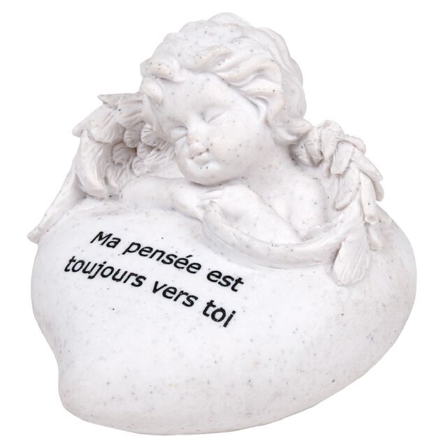 Statuette ange et coeur fun&eacute;raire avec inscription pens&eacute;e