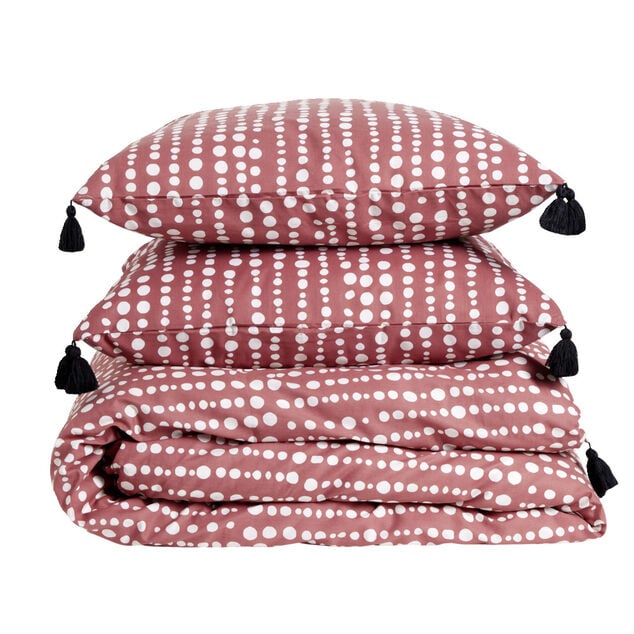 Parure de lit 2 personnes 220x240cm r&eacute;versible motifs et pompons