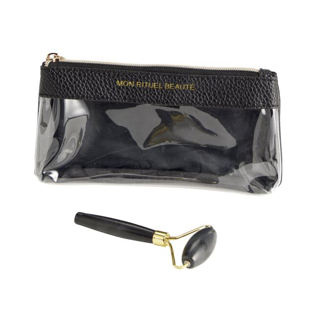 Pochette maquillage avec roll on pierre jade noir et dor&eacute; L18cm