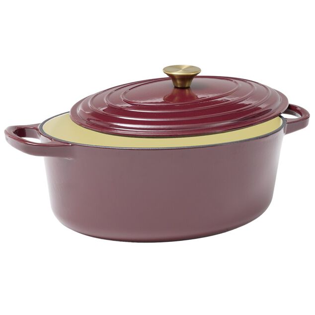 Cocotte en fonte ovale 6L avec poign&eacute;e dor&eacute;e L40X31XH12 cm (2 mod&egrave;les bordeaux ou blanc)