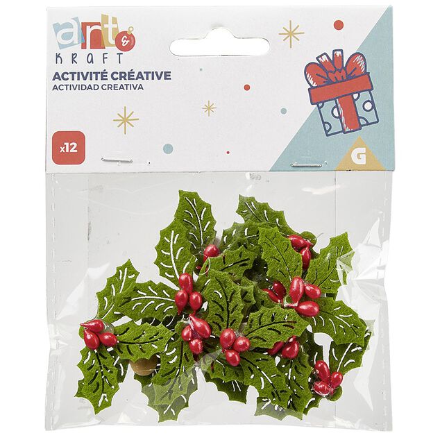 Décoration houx Noël vert et rouge x12