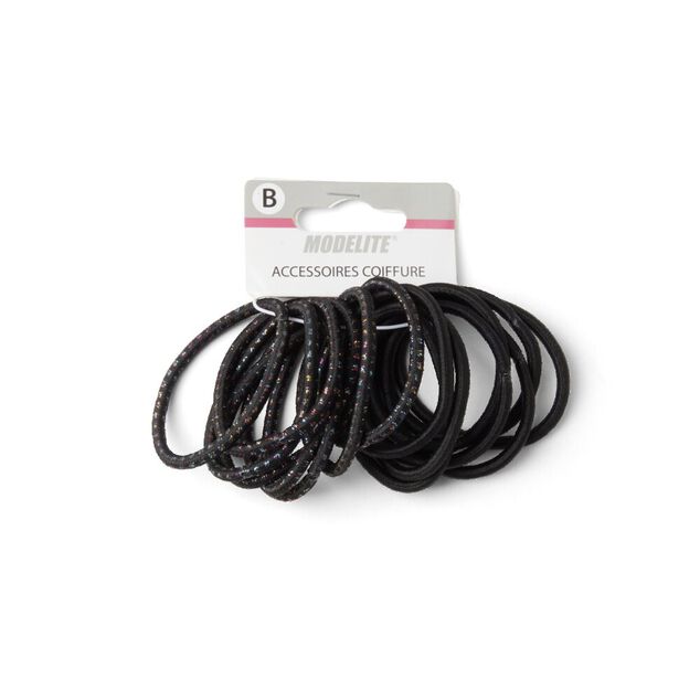 Lot de 15 &eacute;lastiques &agrave; cheveux polyester noir et fil m&eacute;tallique multicolore